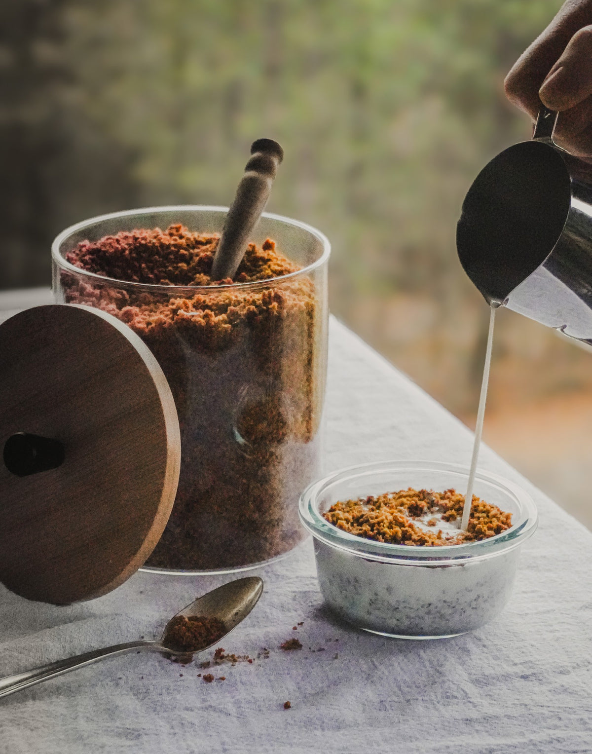Homemade sourdough Grape-Nuts cereal with milk