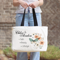 Chloé Avalon tote bag in cream with black handles, printed with the Chloé Avalon script logo, Faith · Beauty · Lifestyle, and a watercolor butterfly with peach florals