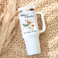 Chloé Avalon 40 oz tumbler in white with a silver rim, handle and clear straw, printed with the Chloé Avalon script logo, a watercolor butterfly with peach florals, and Faith · Beauty · Lifestyle
