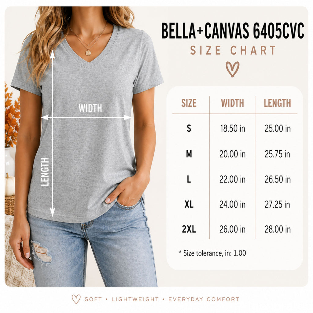 Bella+Canvas 6405CVC size chart — chest width and body length in inches, sizes S through 2XL