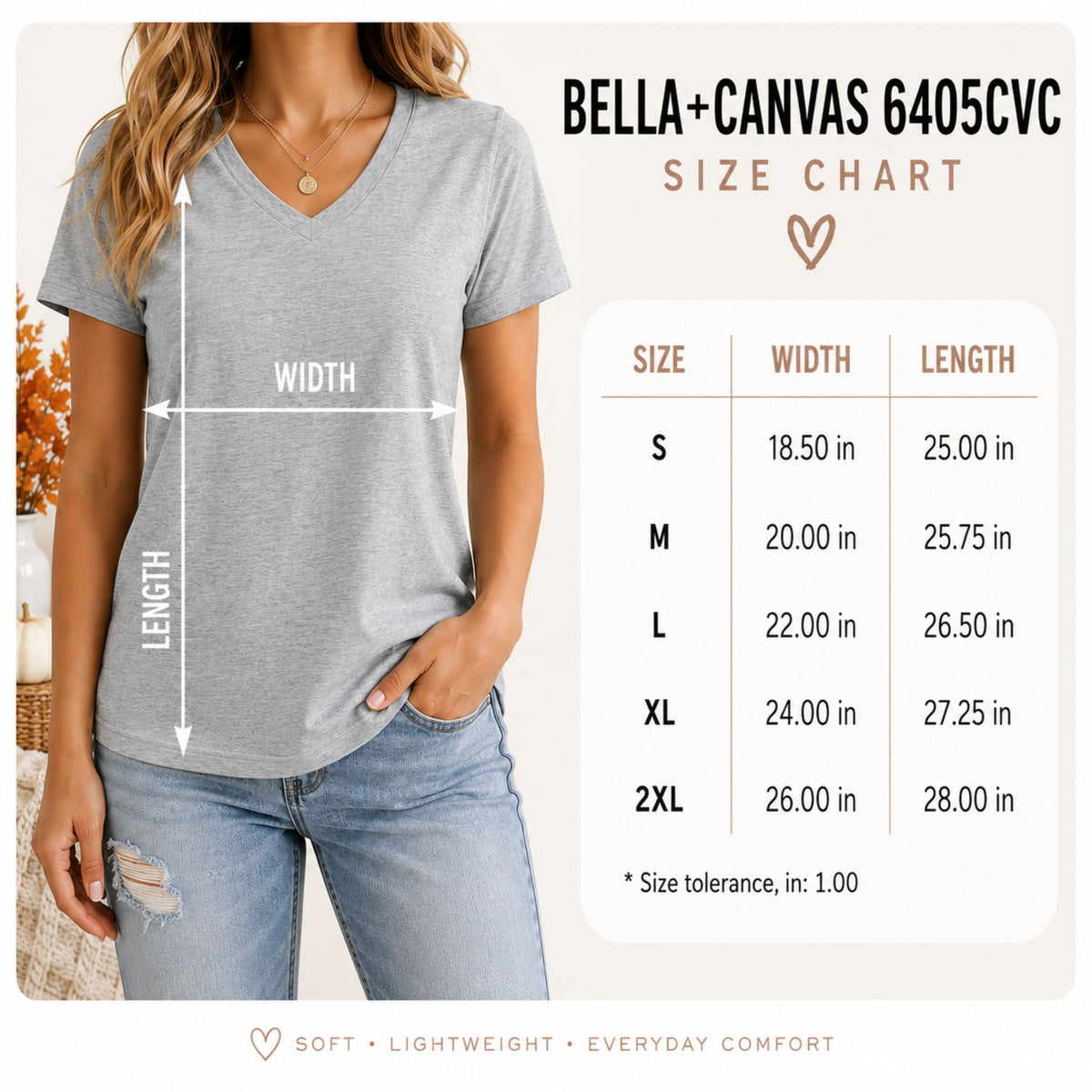 Bella+Canvas 6405CVC size chart — chest width and body length in inches, sizes S through 2XL