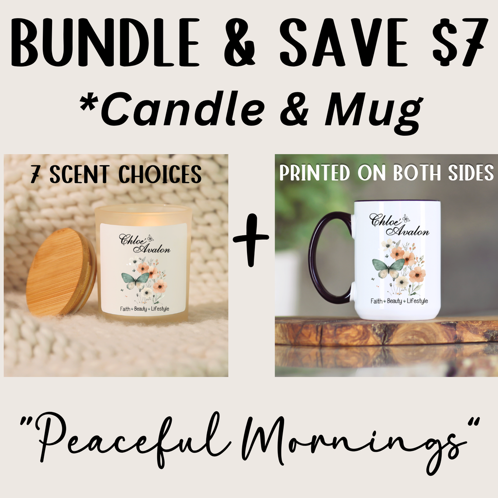 CHLOE' AVALON PEACEFUL MORNINGS BUNDLE — Signature 15 oz Mug + 8 oz Soy Candle