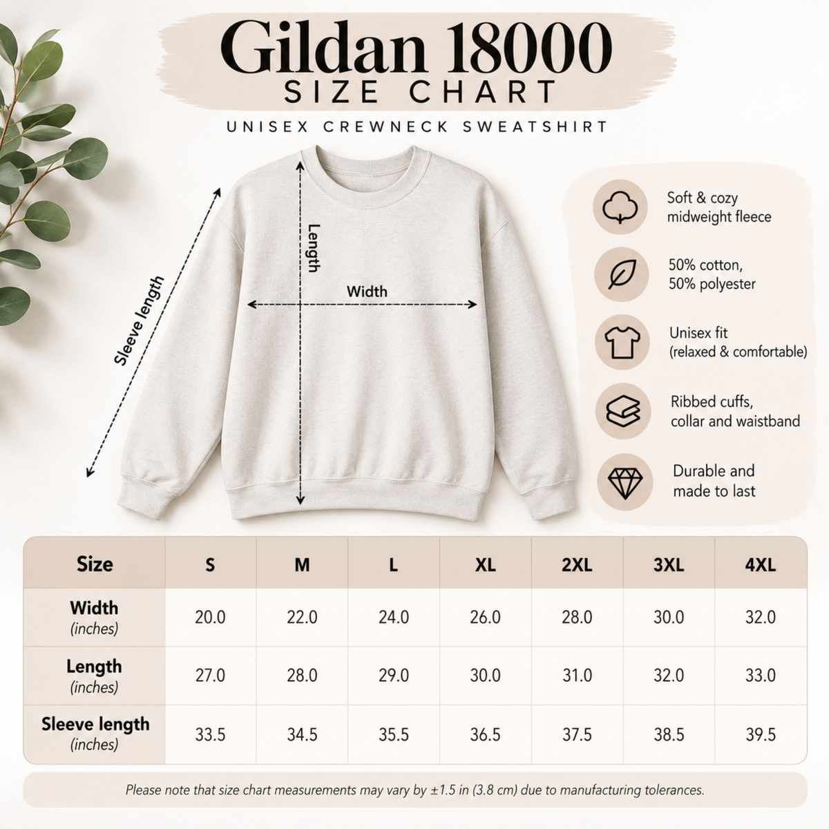 Gildan 18000 unisex crewneck sweatshirt size chart — width, length and sleeve length in inches, sizes S through 4XL