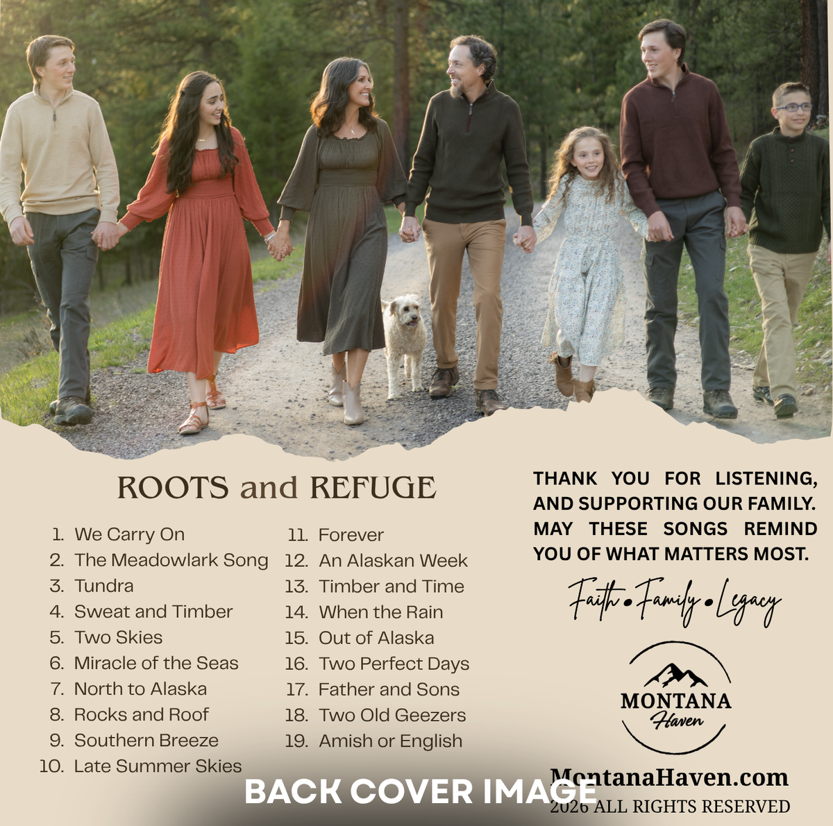 Roots and Refuge CD back cover — the family walking a wooded road, with the full 19-song track list