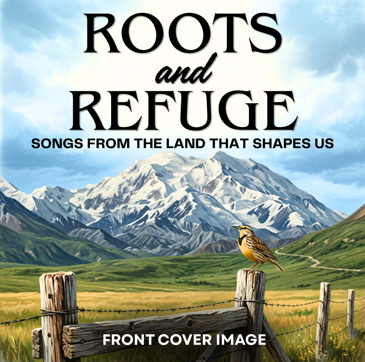 Roots and Refuge CD front cover — Songs From the Land That Shapes Us, snow-capped mountains and a meadowlark on a fence post
