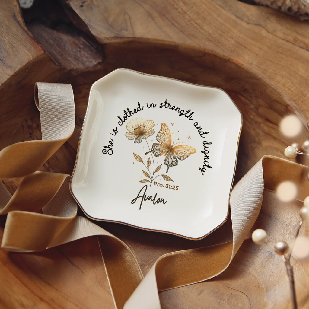 Personalized wavy square ring dish with gold trim, butterfly and flower, Proverbs 31:25 and the name Avalon