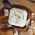 Personalized wavy square ring dish with gold trim, butterfly and flower, Proverbs 31:25 and the name Avalon
